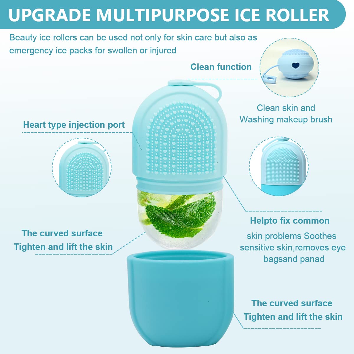 MAYCREATE Ice Face Roller Ice Cube Mold With Cleansing Brush, Anti-Leak Silicone Ice Roller for Face Massage, Beauty Ice Facial Roller for Eliminate Edema, Tighten Skin, Women Skincare Gift (Blue)