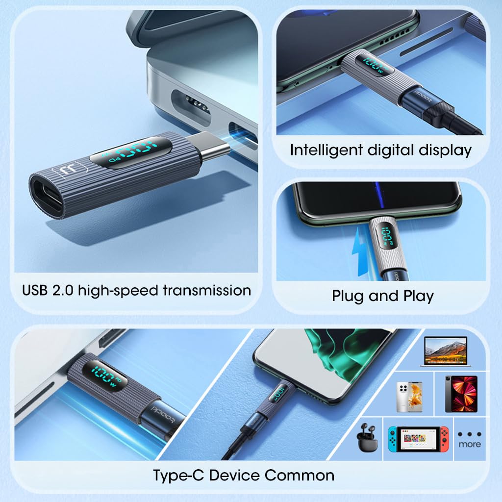 Verilux USB C Adapter USB C Male to Female USB C Adapter Support 480mbps Data Transfer, 100W PD Fast Charging with LCD Digital Display Compatible for MacBook Pro/Air, USB-C HUB/Dock
