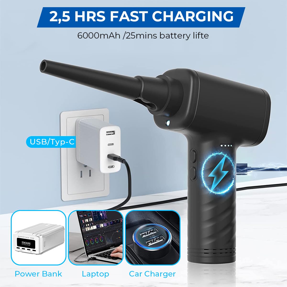 ZORBES Compressed Air Duster, 50000RPM USB Rechargeable Air Duster Air Blower Keyboard Duster, Cordless Air Duster with Folding Nozzles, Electric Air Duster Cleaner for Car Computer Electronics Window Track