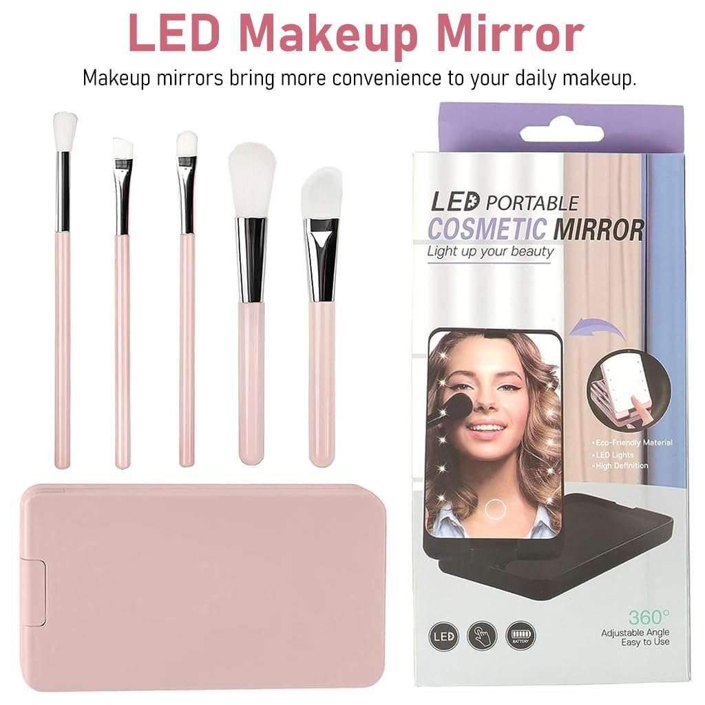 MAYCREATE Vanity Mirror with Light, 2 in 1 Rotatable Personal Beauty Mirror with 5 Makeup Brushes, LED Lights Dimmable Touch Screen Travel Lighted Mirror for Women and Girls