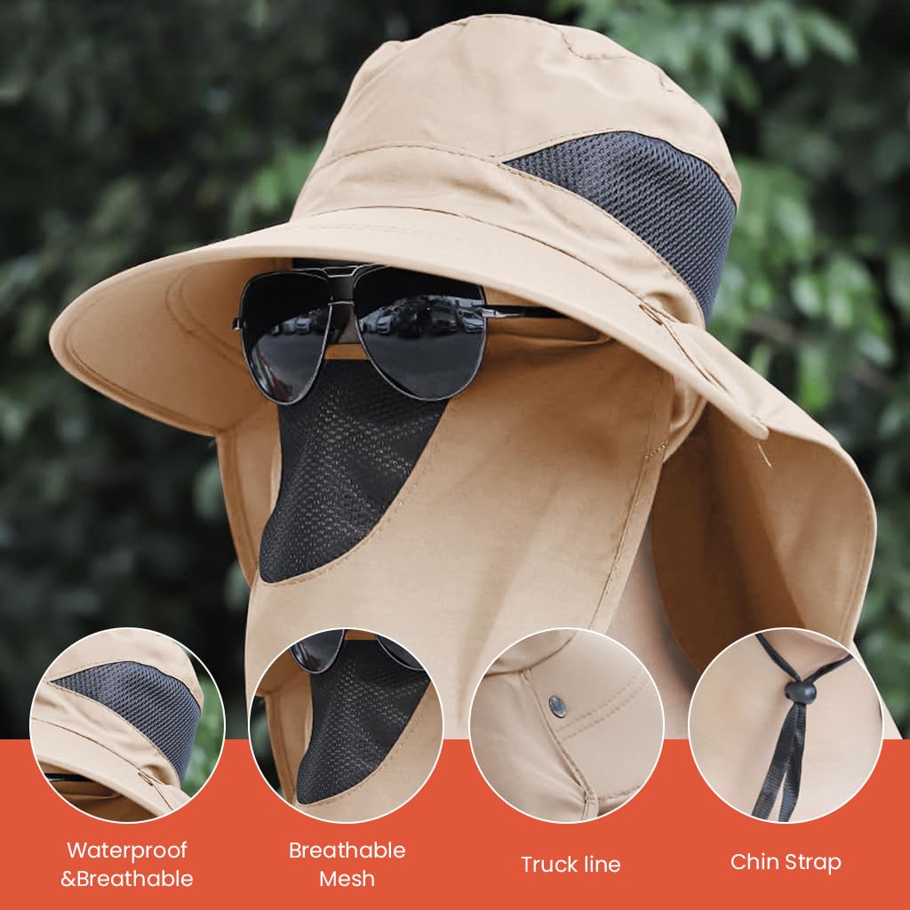 GUSTAVE Wide Brim Bucket Hat 360 Degree UV-Protection Sun Hat with Neck Flap & Removable Face Cover Outdoor Unisex Sun Hat with Chin Strap, Breathable Sun Hat for Hiking, Fishing, Gardening, Beige
