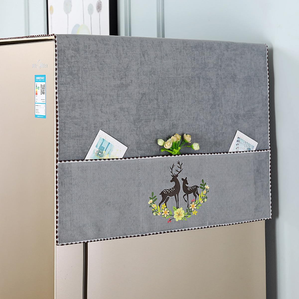HASTHIP 1pcs Refrigerator Dust Proof Cover Fashion Print Top Cover for Refrigerator Chenille Plush Dust Cover with Pocket Kitchen Refrigerator Cover for Side-by-Side Refrigerator, 21.6 x55 inches