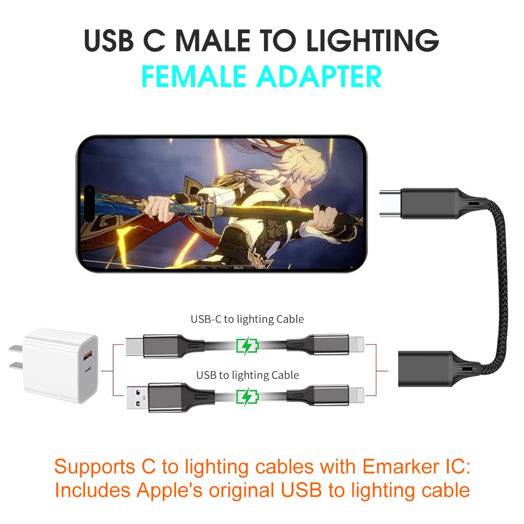 Verilux For iPhone Adapter Cable Light-ning Female to USB C Male Cable Adapter for Charging Supports 60W PD Fast Charging & Data Transfer Universal USB C Charging Cable for iPhone 15/15 Pro and More