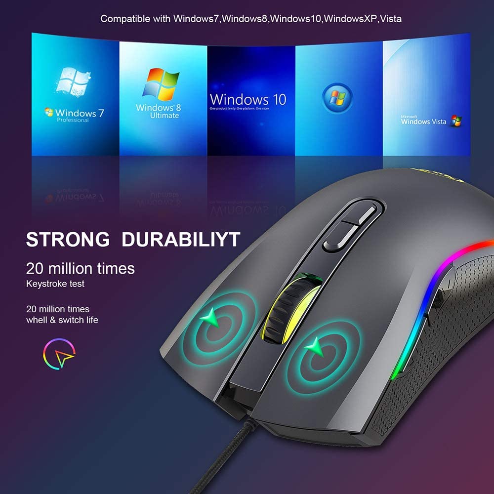 Verilux Wired Gaming Mouse Ergonomic Gaming Mouse with 7 Programmable Keys,6 Adjustable DPI,LED Backlit USB Plug and PlayFor Laptop, PC, Windows, Mac
