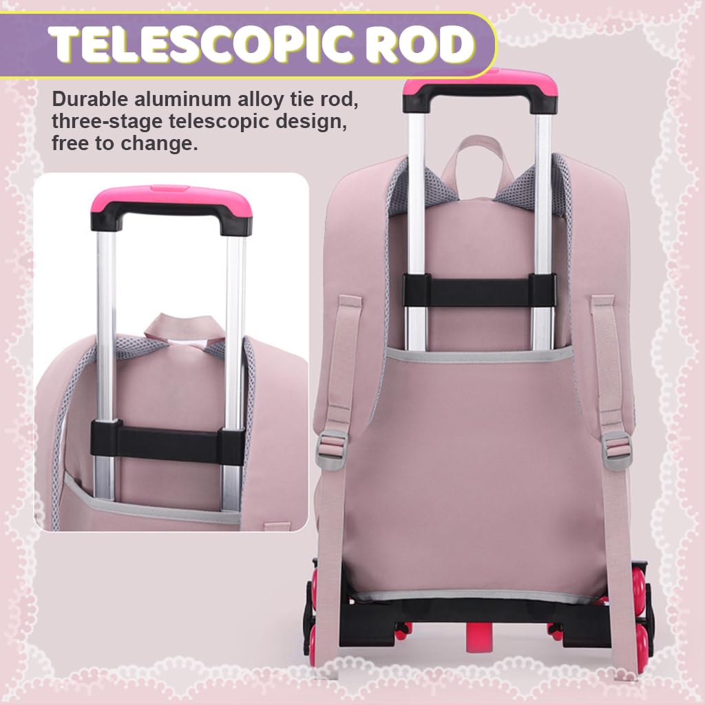 PALAY School Backpack on Wheel Travel Backpack on Wheel with Retractable Pull Handle Girls School Backpack Detachable Wheel Stand with Puller Fashion Large School Bag for Primary Gift School Backpack