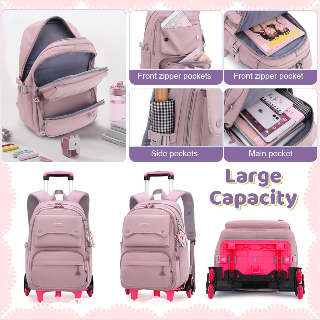 PALAY School Backpack on Wheel Travel Backpack on Wheel with Retractable Pull Handle Girls School Backpack Detachable Wheel Stand with Puller Fashion Large School Bag for Primary Gift School Backpack