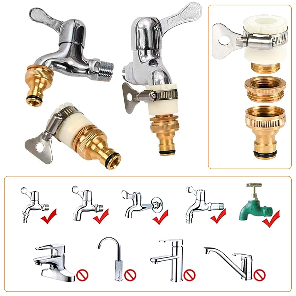 HASTHIP® Tap Connectors Kit Faucet Adapter Tap Connector Brass Adapter Quick Release Pipe Connector for Tap 3/4 and 1/2 inch, Quick Connectors Universal Faucet Adapter for Garden Hose Pipe Fitting