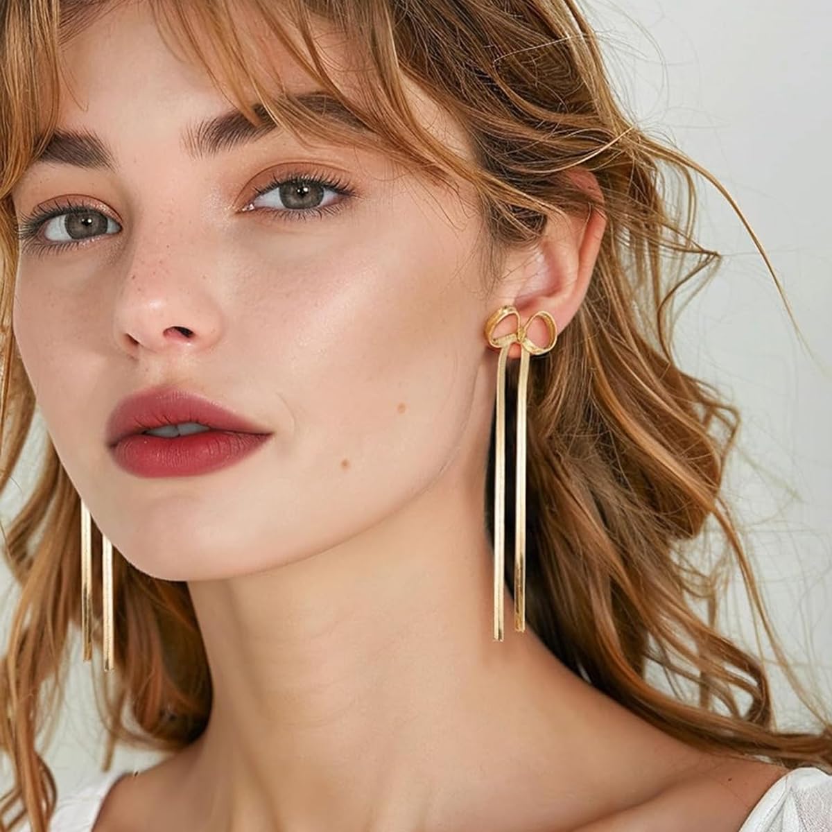 SANNIDHI Bow Earrings for Women Fashion 4'' Bow Drop Studs Earrings for Women Gold Soft Steel Dangle Earrings Long Tassel Chain Earrings Wedding Statement Gifts for Women - 1 Pairs