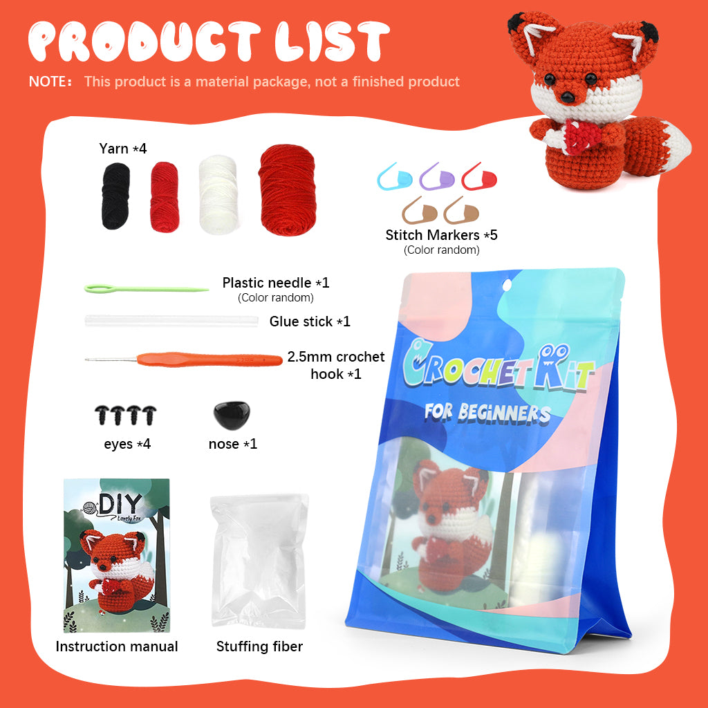 ZIBUYU Crochet Kit for Beginners, Crochet Starter Kit, Fox Crocheting Animals Kits with Crochet Hooks Yarn Polyester Fiber Step-by-Step Video Tutorials, Knitting Kit for Adults