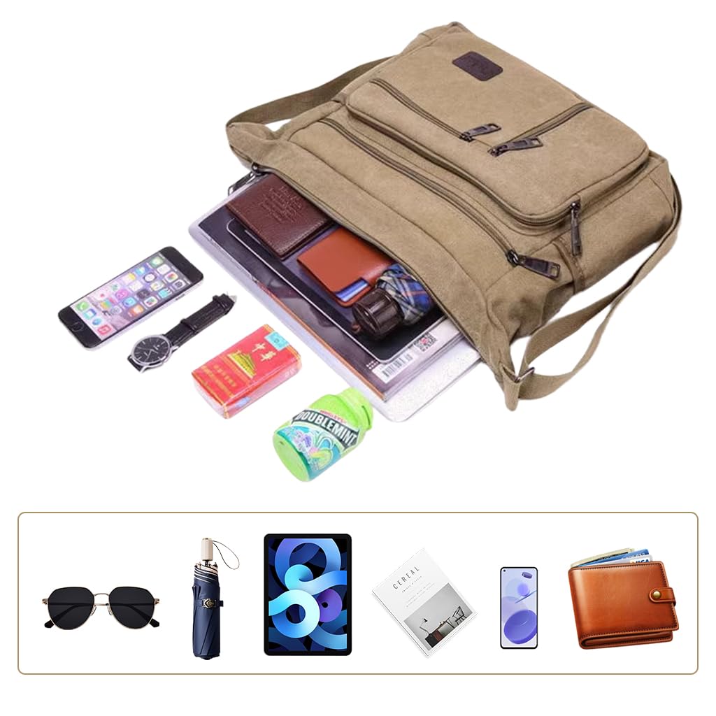 ZIBUYU Sling Bag for Men Crossbody Bag Khaki Canvas Messenger Shoulder Bag Multi-pocket Satchel Crossbody Bag for Mens Side Bags for Men Stylish for Adults, Men and Women