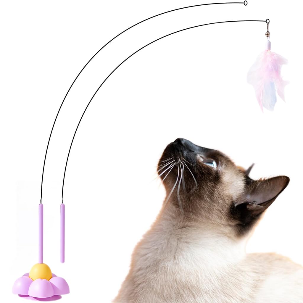 Qpets Cat Toy Cat Teaser Wand with Suction Cup Cute Flower Suction Base Floor Self-entertainment Cat Teaser Toy with Color Feather Charm Cat Toy Interactive Cat Toy Wand Kitten Toys for Indoor Cats