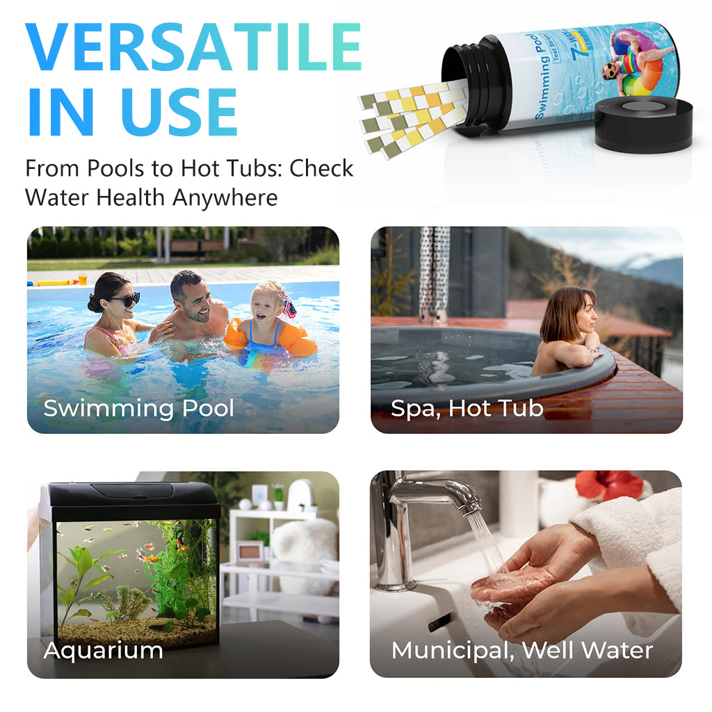 HASTHIP 100 Counts Swimming Pool Water Quality Test Strips Multi Use Water Quality Test Strips for PH, Hardness, Total Alkalinity, Total Chlorine, Bromine, Cyanuric Acid