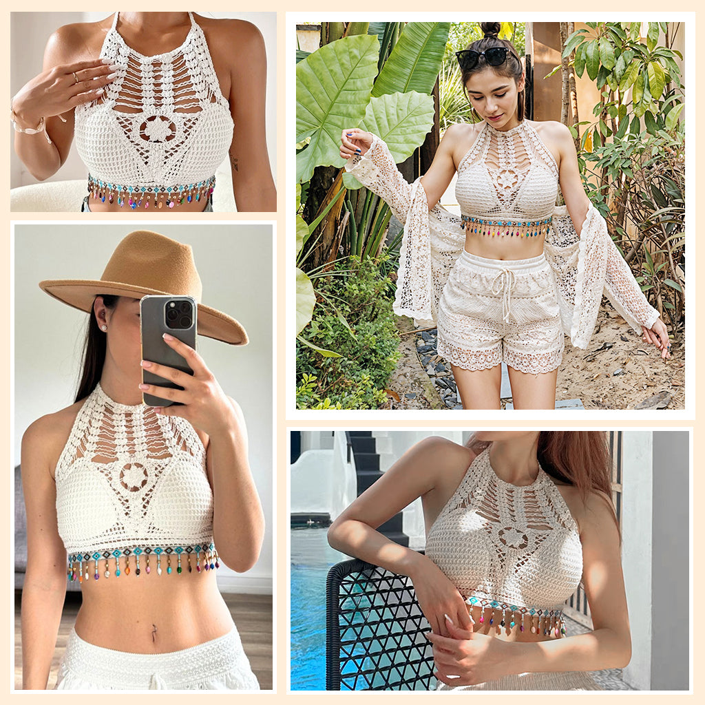 PALAY Women's Summer Beach Backless Crochet Halter Bikini Crop Top Crochet Hollow Out Tassle Embroidery Knit Boho Beachwear