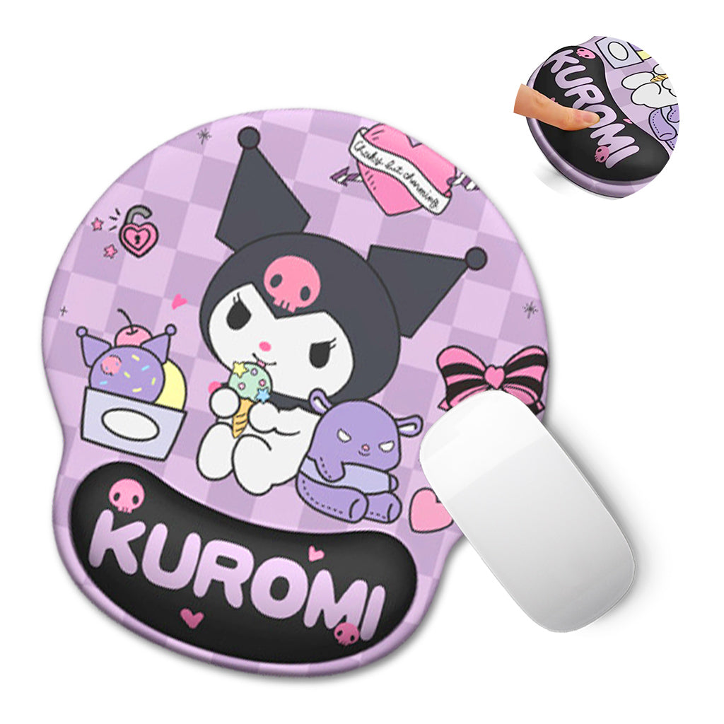 ZORBES Mouse Pad, Ergonomic Mouse Pad with Comfortable Gel Wrist Rest Support and Lycra Cloth, Cute Cartoon Kuromi Print Office Non-Slip PU Base for Easy Typing Pain Relief, Durable&Washable, 22x24cm