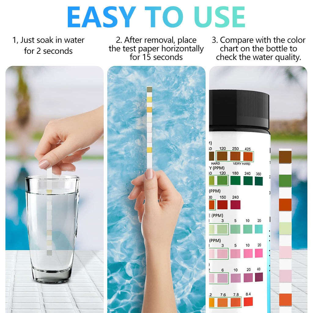 HASTHIP 100 Counts Swimming Pool Water Quality Test Strips Multi Use Water Quality Test Strips for PH, Hardness, Total Alkalinity, Total Chlorine, Bromine, Cyanuric Acid