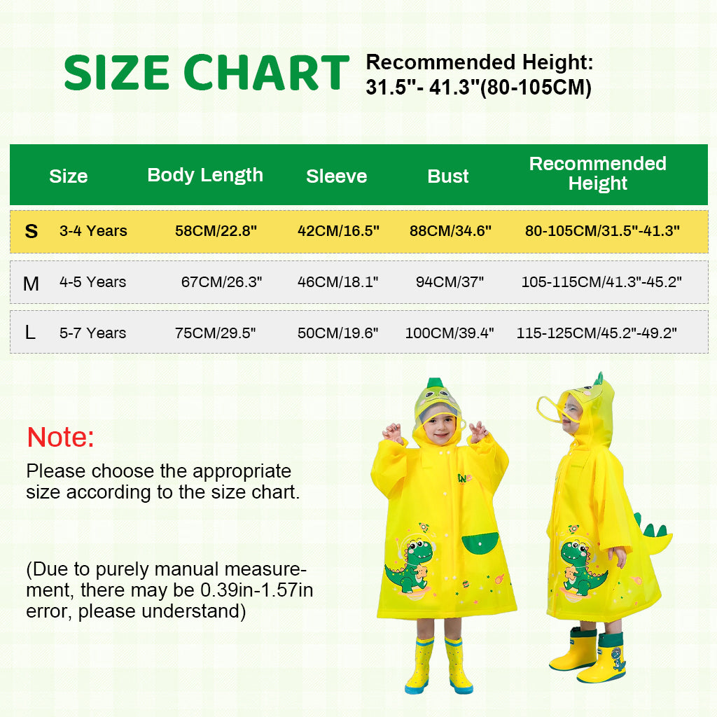 PATPAT Dinosaur Kids Rain Coat EVA Hooded Rain Jacket with Transparent Wide Hood Brim Cartoon Rain Coat for Kids with Storage Pouch, Knee-length Kids Rain Coat for Boys Girls 3-4 Years Old, S