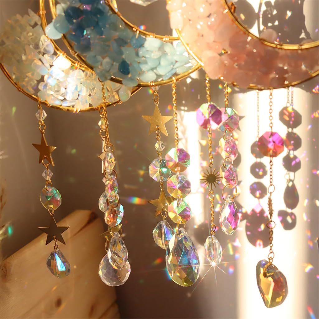 HASTHIP Sparkling Opal Moon Charm for Home Decor 16.5 inches Decorative White Opal Acrylic Crescent Hanging Charm Auspicious Home Gift Wall Hangings Car Charm