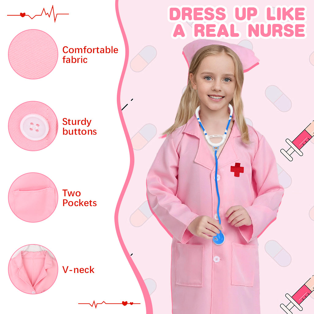 PATPAT Fancy Doctor Dress for Kids 5-6 Years Girls, Pink Nurse Dress for Kids Girls with Nurse Cap, Stethoscope, Mask, Injection - Cosplay Role Play, Special Events Party Career Exploration Costume