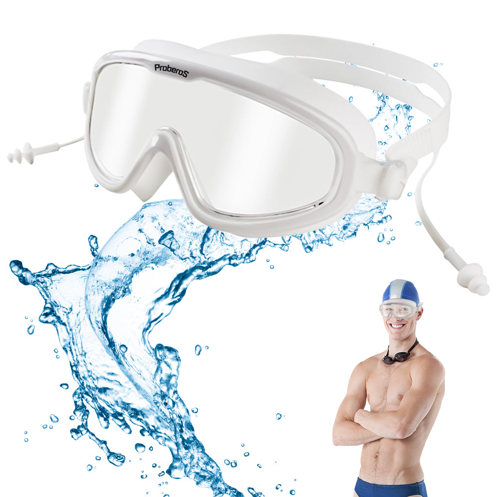 Proberos Big Frame Swim Goggles, Adults Swim Goggles Anti-Fog Oversized Frame Swim Goggles with Triple-Layer Designed Waterproof Earplugs, Leakproof Silicone Frame Design Freestyle, White