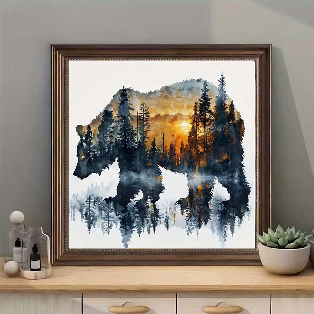 HANNEA Diamond Painting Kit 12x12 inch Grizzly Bear Silhouette Forest Diamond Art Painting DIY Diamond Painting Material Kit for Home Wall Decor Home Gift, with Tools and Accessories