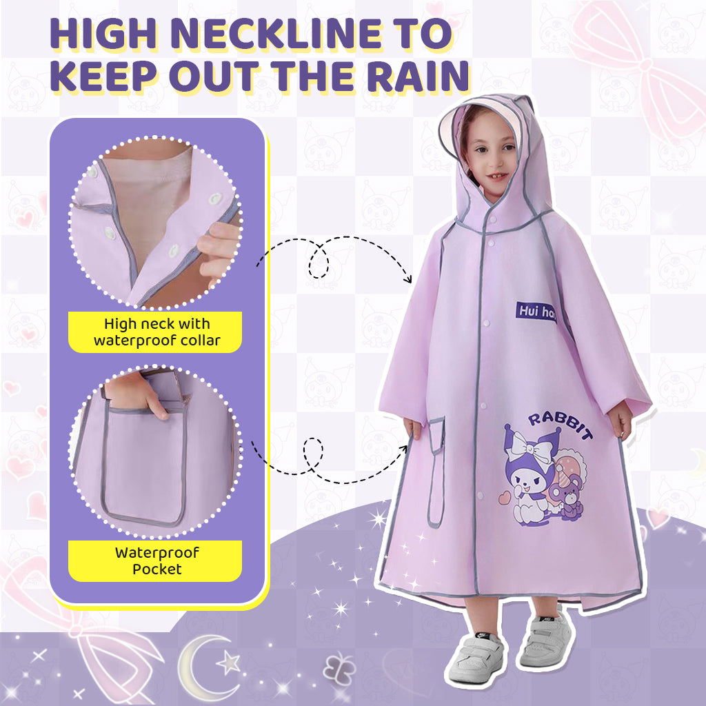 PATPAT Rain Poncho for Girls Kids Rain Coat EVA Rain Coat Knee-length Rain Coat with Transparent Wide Brim Hat & Pocket Button-Up High Collar Rain Coat Cartoon Kuromi Rain Coat for School, Camping, L