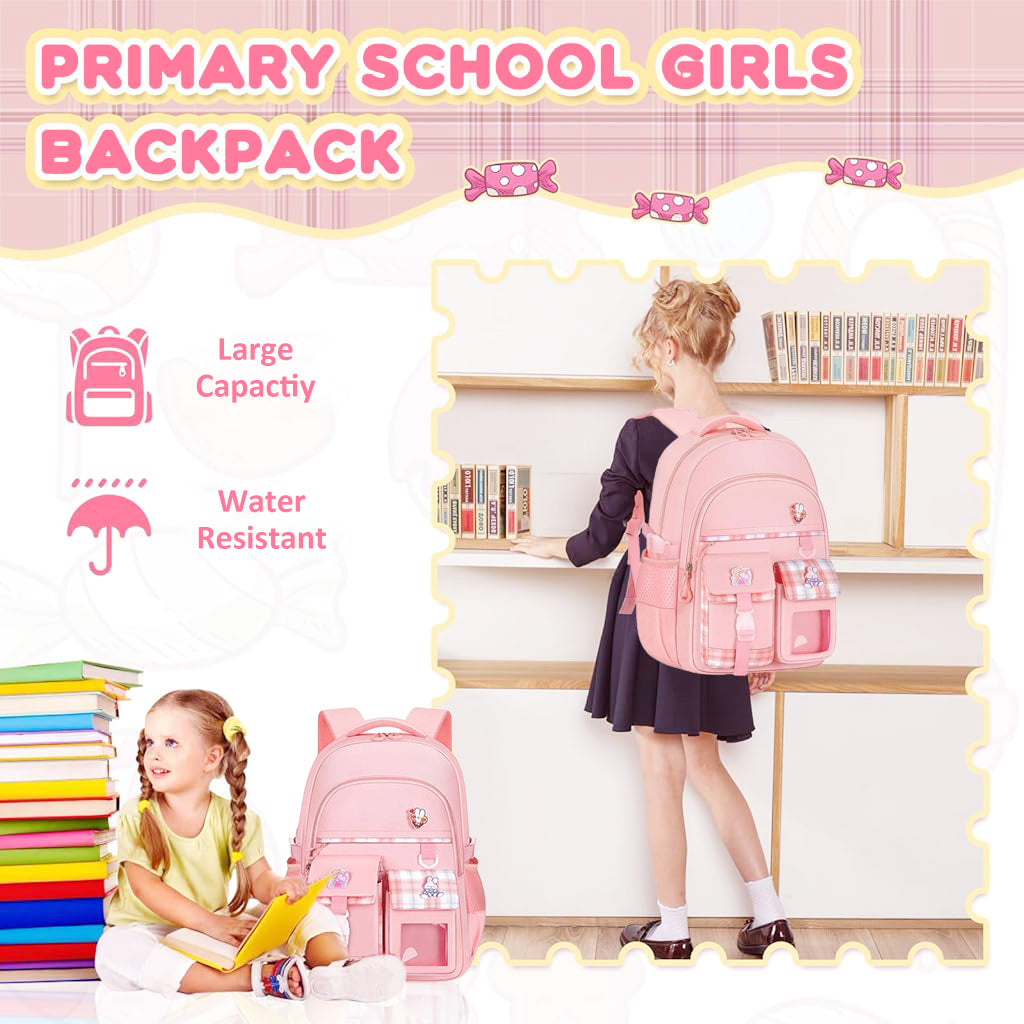 PALAY School Backpack for Girls Pink Plaid Schoolgirls Backpack Book Bag Multi Compartment Waterpoof School Backpack Lightweight Travel Backpack School Gift Birthday Gift for Girls, 46x30x17cm