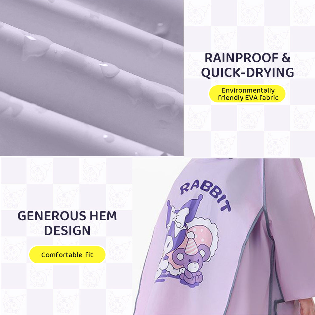 PATPAT Rain Poncho for Girls Kids Rain Coat EVA Rain Coat Knee-length Rain Coat with Transparent Wide Brim Hat & Pocket Button-Up High Collar Rain Coat Cartoon Kuromi Rain Coat for School, Camping, M