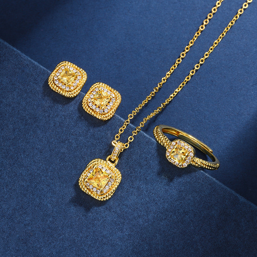 SANNIDHI Women Jewelry Gift Set Bride Necklace Ring Set Luxury Zirconia Rhinestone Embellished Necklace Ring Ear Studs Gift Set Golden Wedding Jewelry Gift Box Set