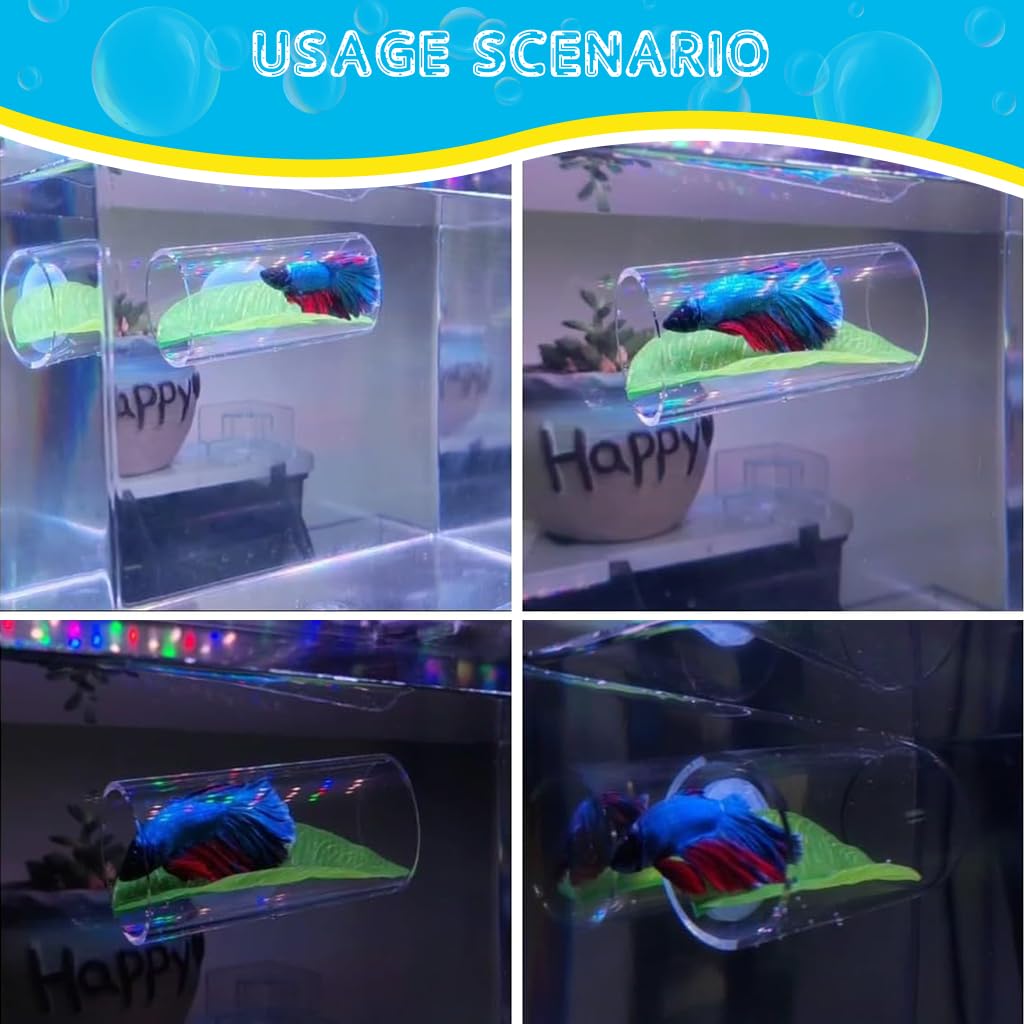 Qpets Betta Fish Hiding Cave, 3'' Acrylic Hiding Tunnel for Betta Fish Hiding Tube Cave Fish Tank Green Leaf Decorative Betta Fish Hiding Cave with Suction Cup Fish Tank Decorative Accessories