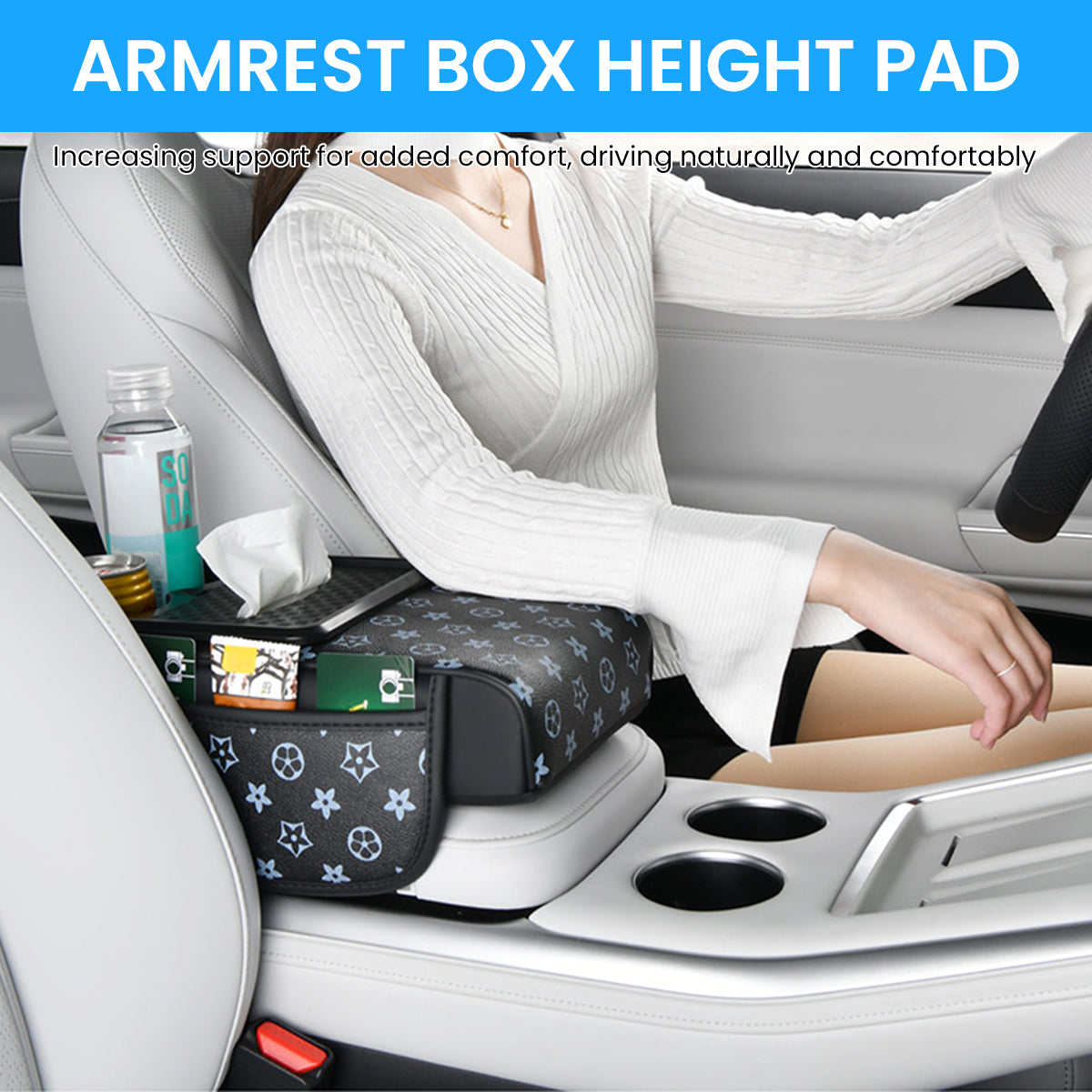 STHIRA PU Armrest for Car Center Console 4 in 1 Armrest Pad with Cup Holder Tissue Paper Box & Pocket Fashion Printed Car Center Console Armrest Universal Car Armrest Cushion
