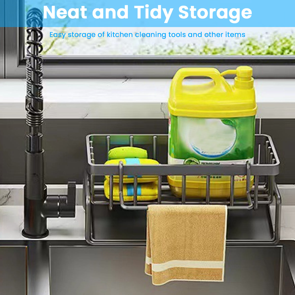 HASTHIP Sponge Holder for Kitchen Sink, Stainless Steel Sink Caddy with Self Drain Tray, Rustproof Kitchen Sink Organizer Brush Caddy Sponge Rack for Kitchen Accessories, 23x10x12cm