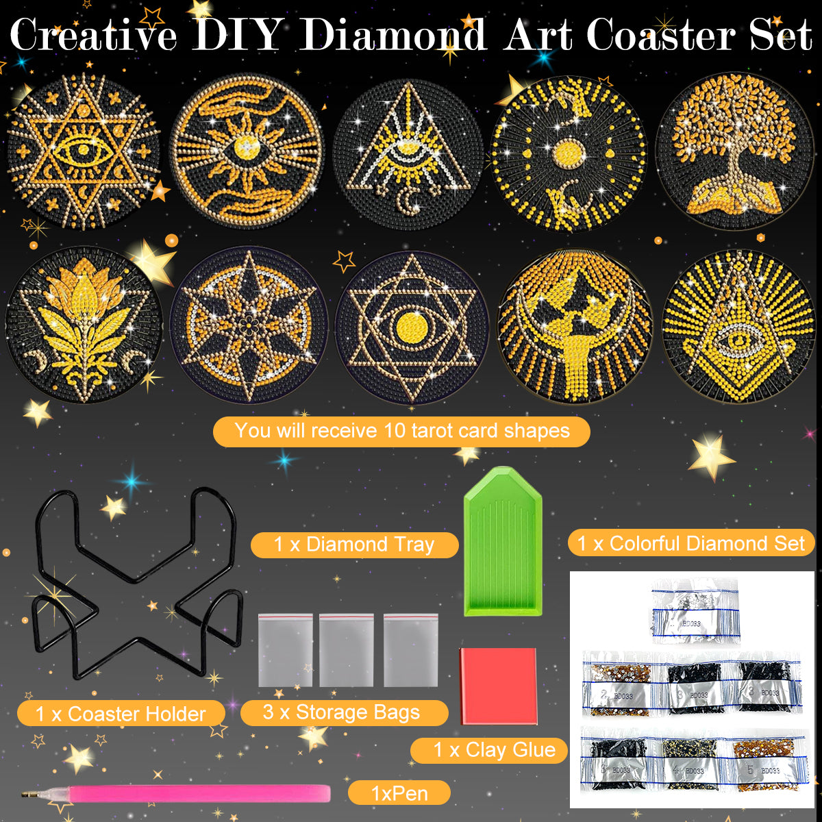HASTHIP 10Pcs DIY Diamond Painting Coasters Material Kit Creatvie Tarot Coasters set with Holder, Beginners DIY Diamond Art Kit with Accessories and Tools Diamond Painting Art Home Gift