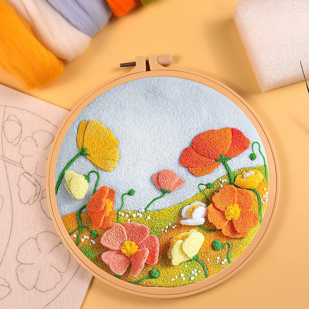 PATPAT DIY Needle Felt Art Craft Kit Flower Poking Stitch Art Kit with Embroidery Punch Needles, 8.35 inches Dia Embroidery Hoop, DIY Art Gift for Kids Adults