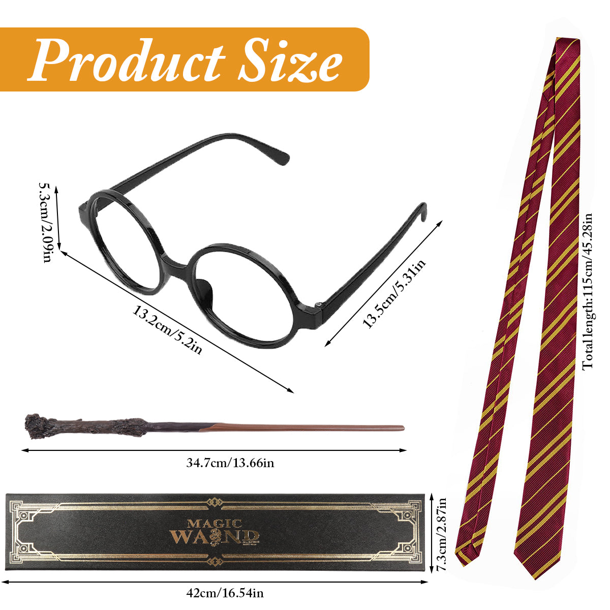 PATPAT Wizard Costume Set Novelty Wizard Glasses Striped Tie and Magic Wand Cosplay Costumes Accessories for Halloween, Themed Party, Birthday, Festival