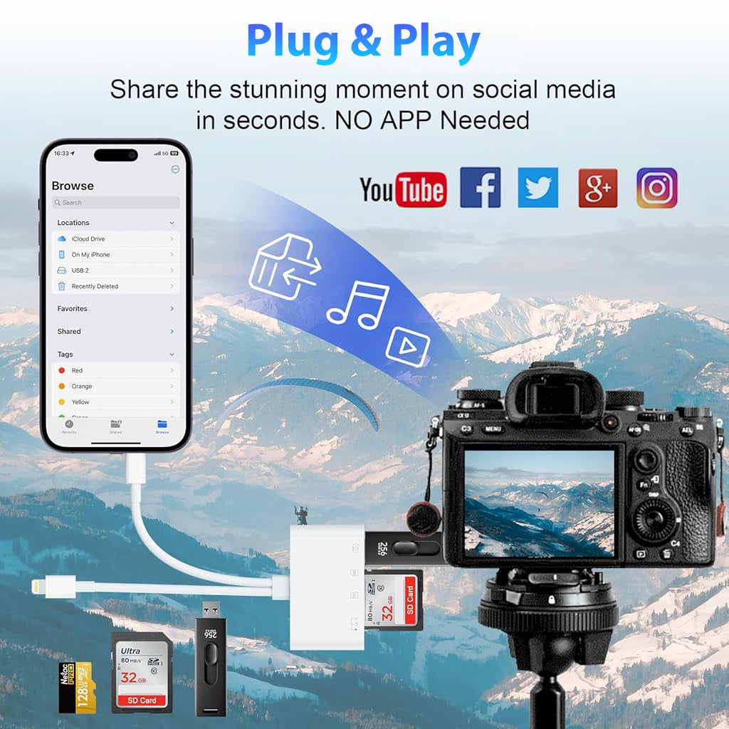 Verilux® Multi Card Reader for iPhone SD Card Reader 4 in 2 SD Card Reader USB C/Light-ning to SD/TF Card Flash Drive Reader Support Fast Charging for iOS Devices Portable Multi Card Reader