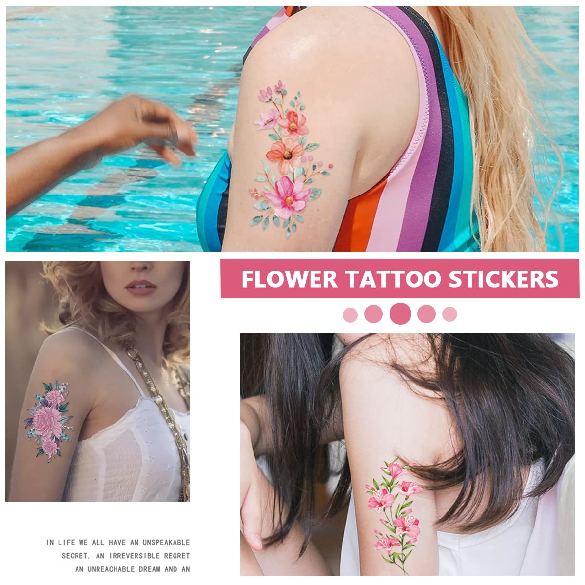 HASTHIP 12 Sheets Waterproof Color Flowers Temporary Assorted Roses Tatto Stickers for Body Tattoos Art