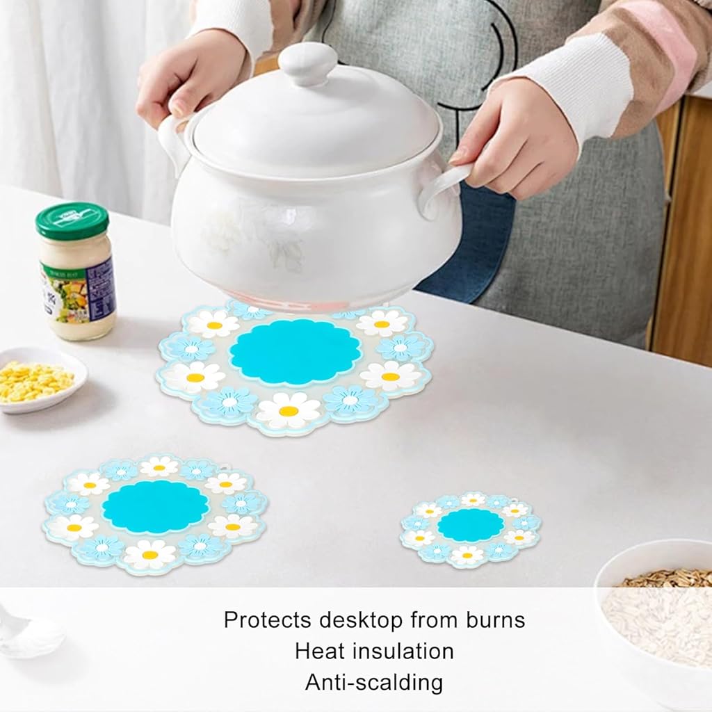 ZIBUYU® Coaster Set for 3PC,PVC Floral Heat Resistant Mats for Dining Table,Waterproof Anti-Slip Big Pans Casserole Bowl Cup/Thickening Kitchen Table Protectors Pad (10Cm+15Cm+20Cm Dia)