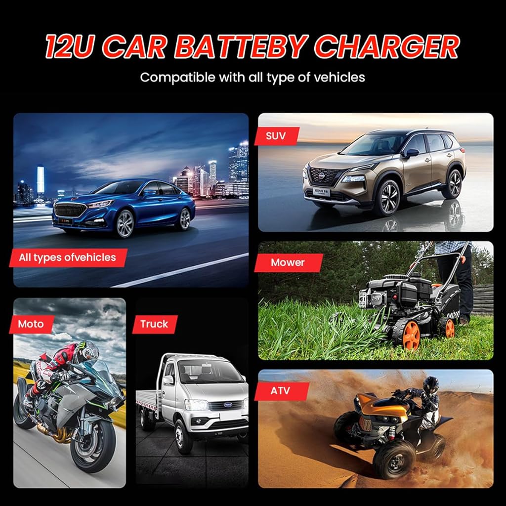 Verilux 2 in 1 Battery Tester & Battery Charger, Fully Automatic Battery Charger 6A 12V, Car Battery Charger & Maintainer- EU Plugfor Car, Motorcycle, Lawn Mower and More(Red)