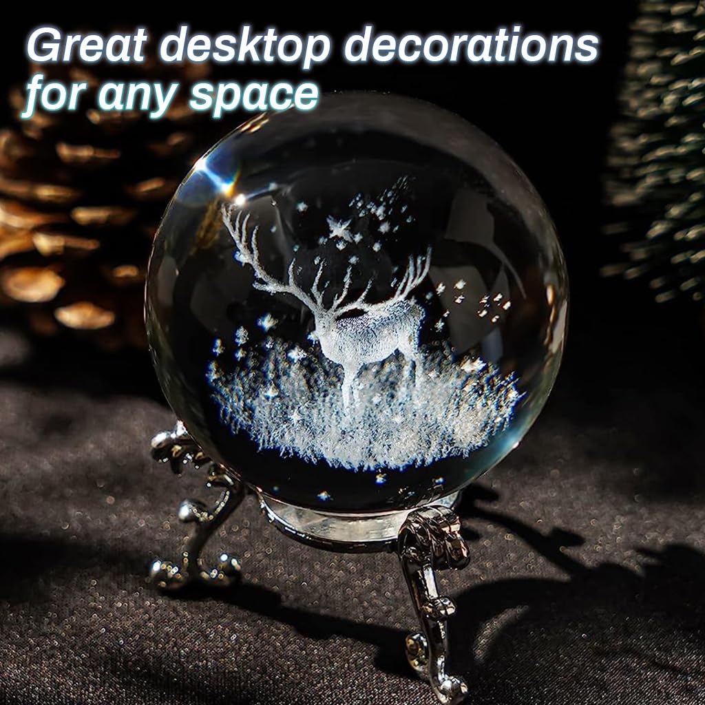 HASTHIP 6cm 3D Inner Christmas Deer Crystal Ball, Glass Sphere Laser Engraved Ball with Sliver-Plated Flowering Stand, Christmas Home Decor Desk Ornament Birthday Gift Festival Gift