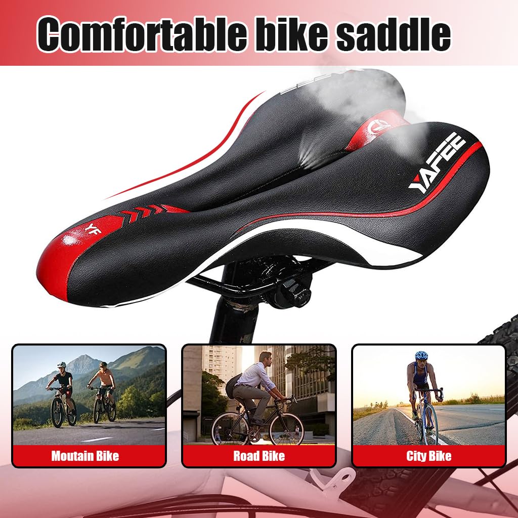 Optifit Cycle Seat with Red Reflective Safety Strip, Universal Memory Foam Bicycle Seat Waterproof Breathable Shock Absorbing Bike Saddle for Bike Mountain Bike