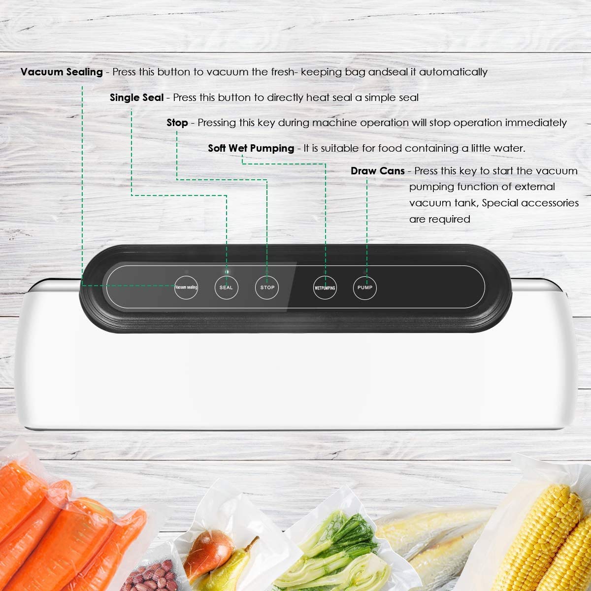HASTHIP Vacuum Sealer, Automatic Food Sealer with Built-in Cutter& Roll Bag Storage, Machine for Food Storage and Preservation with Dry&Moist Modes with 10 Reusable Bags
