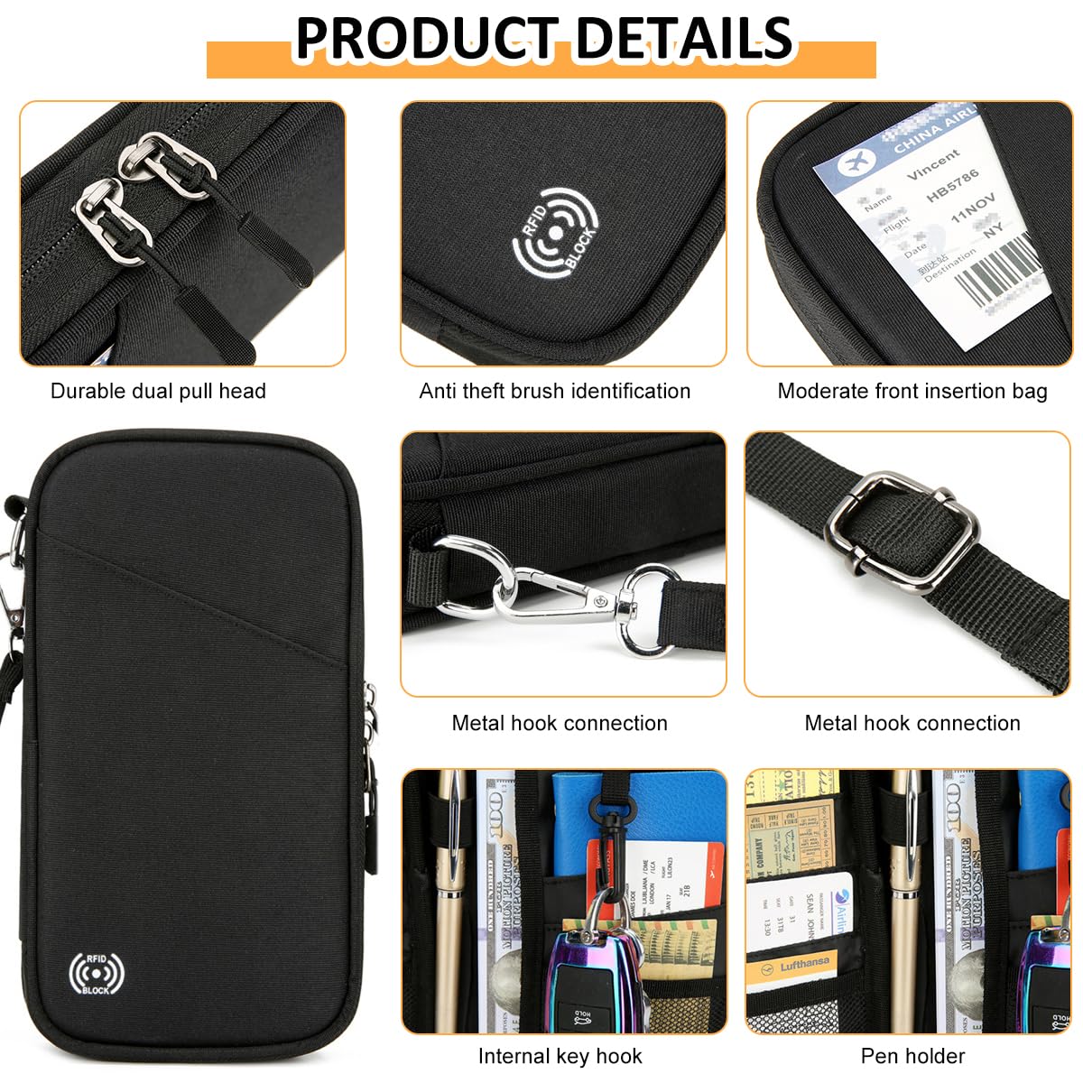 PALAY Travel Passport Holder Passort Bag Multi Compartments Zipper Pouch Bag RFID Blocking Cards Bag Oxford Cloth Travel Phone Sling Bag with Handstrap & Removable Shoulder Strap