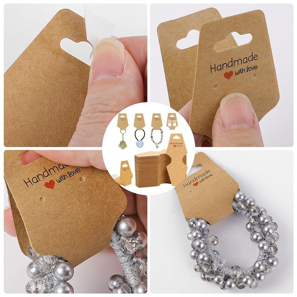 HASTHIP 200Pcs Paper Card Holder Jewelries Display Paper Holders for DIY Jewelries Self Adhesive Jewelry Holder with Handle Handmade DIY Business Packing Supplies for Scrunchies, Necklace Bracelets