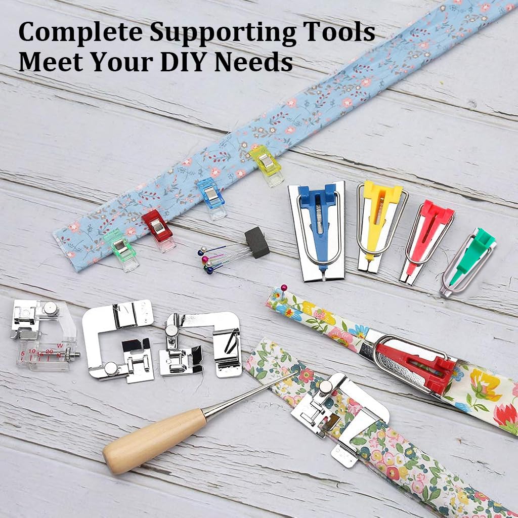 HASTHIP Bias Tape Tool Kit with Instruction, 5 Sizes Bias Tape Maker (6mm 9mm 12mm 18mm 25mm) with 4 Pcs Sewing Machine Presser Foot, Sewing Clips, Ball Point Pins, Awl, for Fabric Sewing