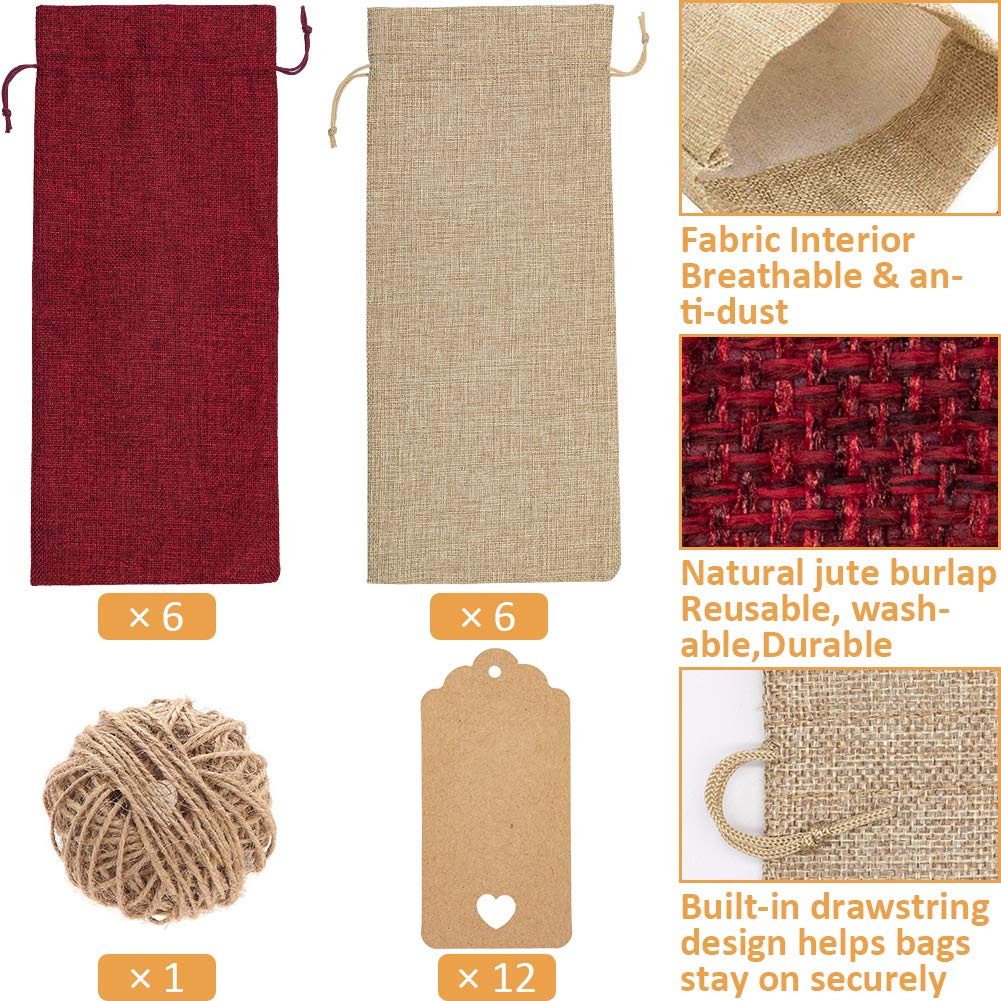 HASTHIP 12 Pcs Burlap Wine Bags Wine Gift Bags, 5.9 X 13.78 inches Wine Bottle Bags with Drawstrings, Tags & Ropes for Birthday, Travel, Holiday Party, Housewarming,Wedding, Home Storage