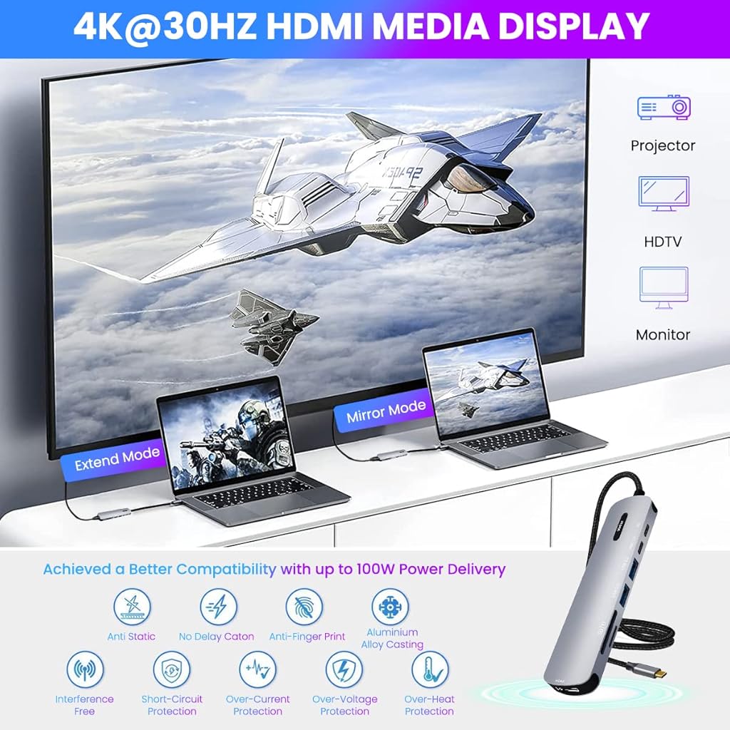 Verilux® USB C HUB 7 in 1 to HDMI Adapter 4K 30Hz 2.0 3.0 Multiple Port SD TF Card Reader PD 100W Type for Laptop MacBook Pro Air 20CM Long Cable 2 PCS