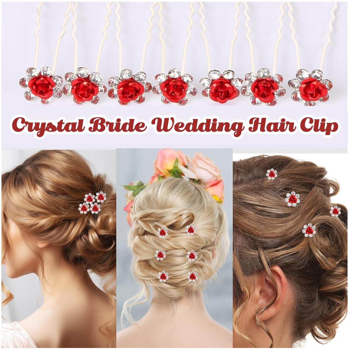 PALAY 20Pcs Hair Pins for Women Stylish Rose Flower Bridal Hairpin Crystal Hair Stick for Bun Red Rose Juda Pins for Hair Bun Fancy Wedding Hair Bun Pin for Women Girls Bridesmaids
