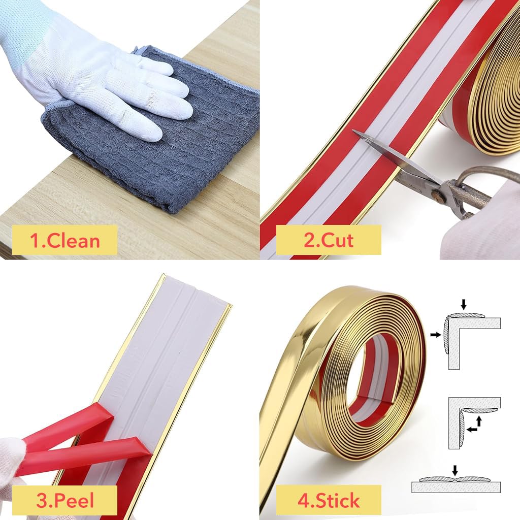 HASTHIP 1 Rolls Golden Wall Molding Trim - Flexible PVC Wall Molding Trim & Corner Guards & Caulk Strip, Apply in Table Edge Door Frame Baseboard for Protection and Decoration, 9.84ft x 0.78in