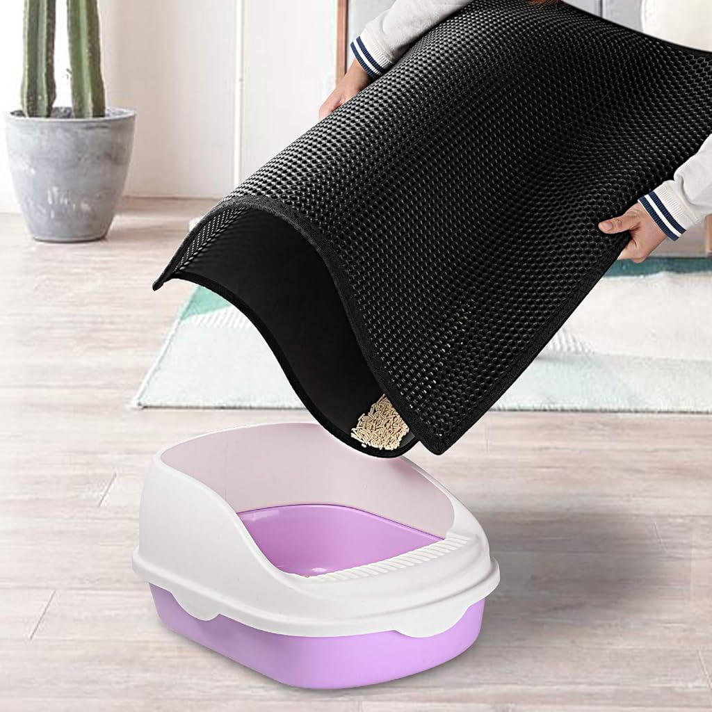 Qpets Cat Litter Mat, 22.8 * 17.3 inch, Litter Mat Double Layer Open Edge Design, Waterproof EVA Material, Durable and Washable, Cat Litter Box, cat Litter Tray (Black)
