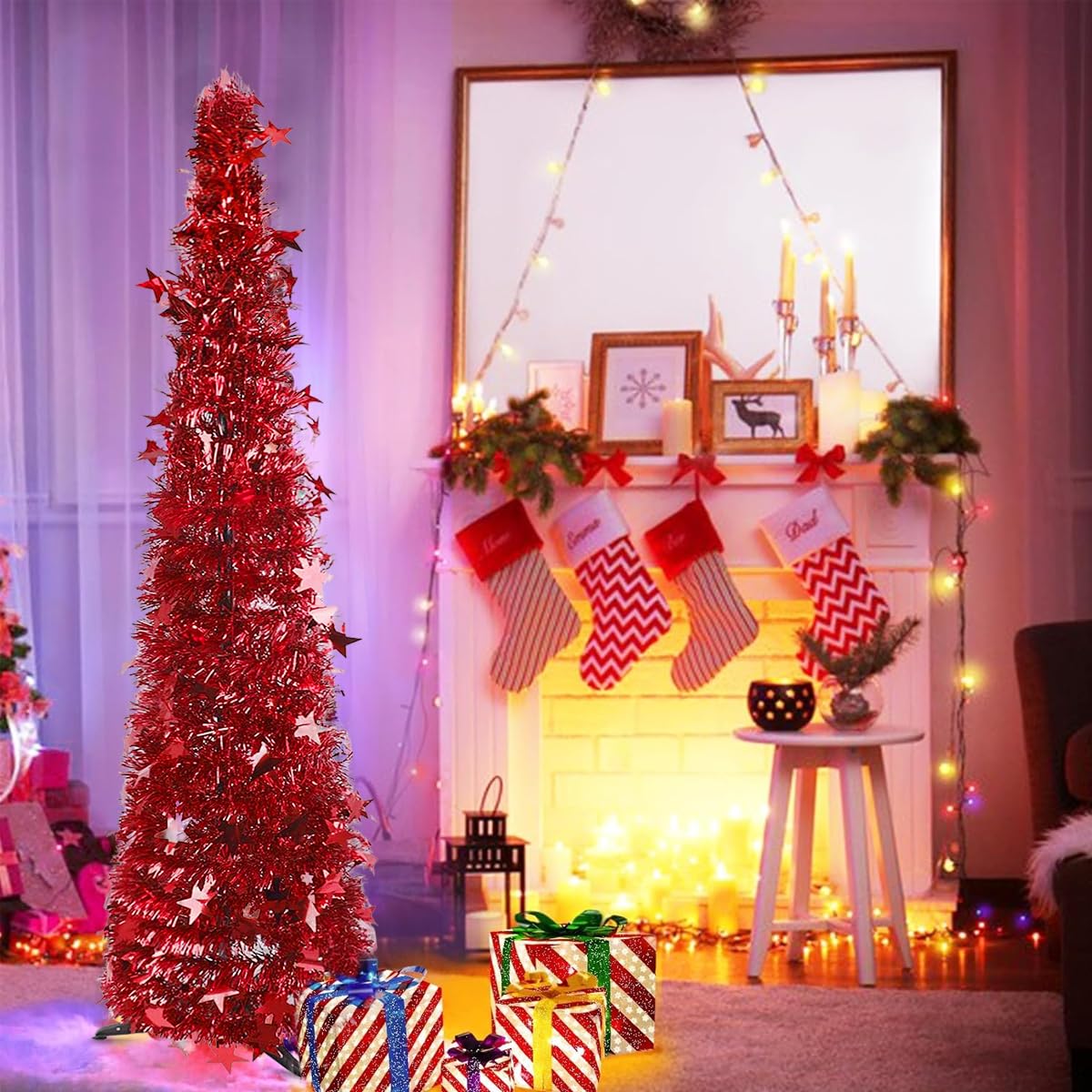 HASTHIP 1.5m Sparkling Red Christmas Tree Tinsel Garland Red Christmas Tree Festival Party Home Decor DIY Assembly Red Christmas Tree for Living Room, Balcony, Entryway, Garden